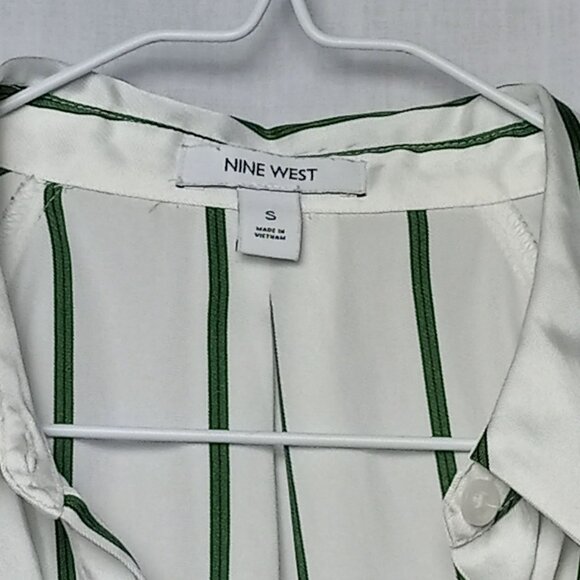 Nine West Green White Striped Women Top Raglan Cuff Sleeve Side Button Collared - Picture 8 of 9